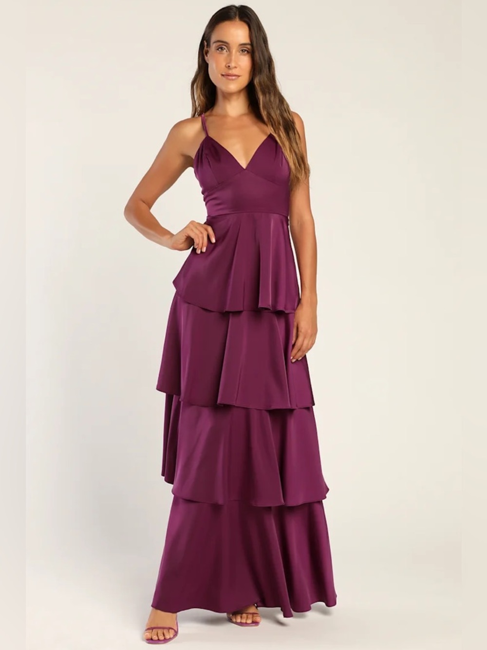 Lulu's Going with Elegance Plum Purple Satin Tiered Gown- worn only once!